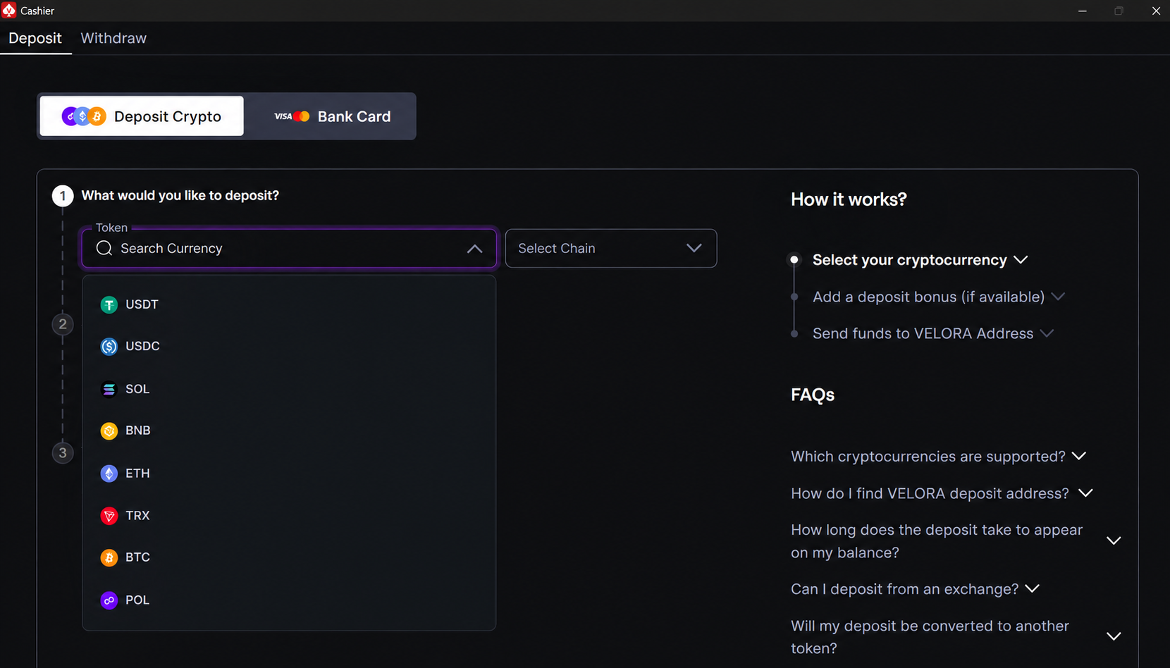 VELORA cashier deposit interface showing the cryptocurrency selection list and network options
