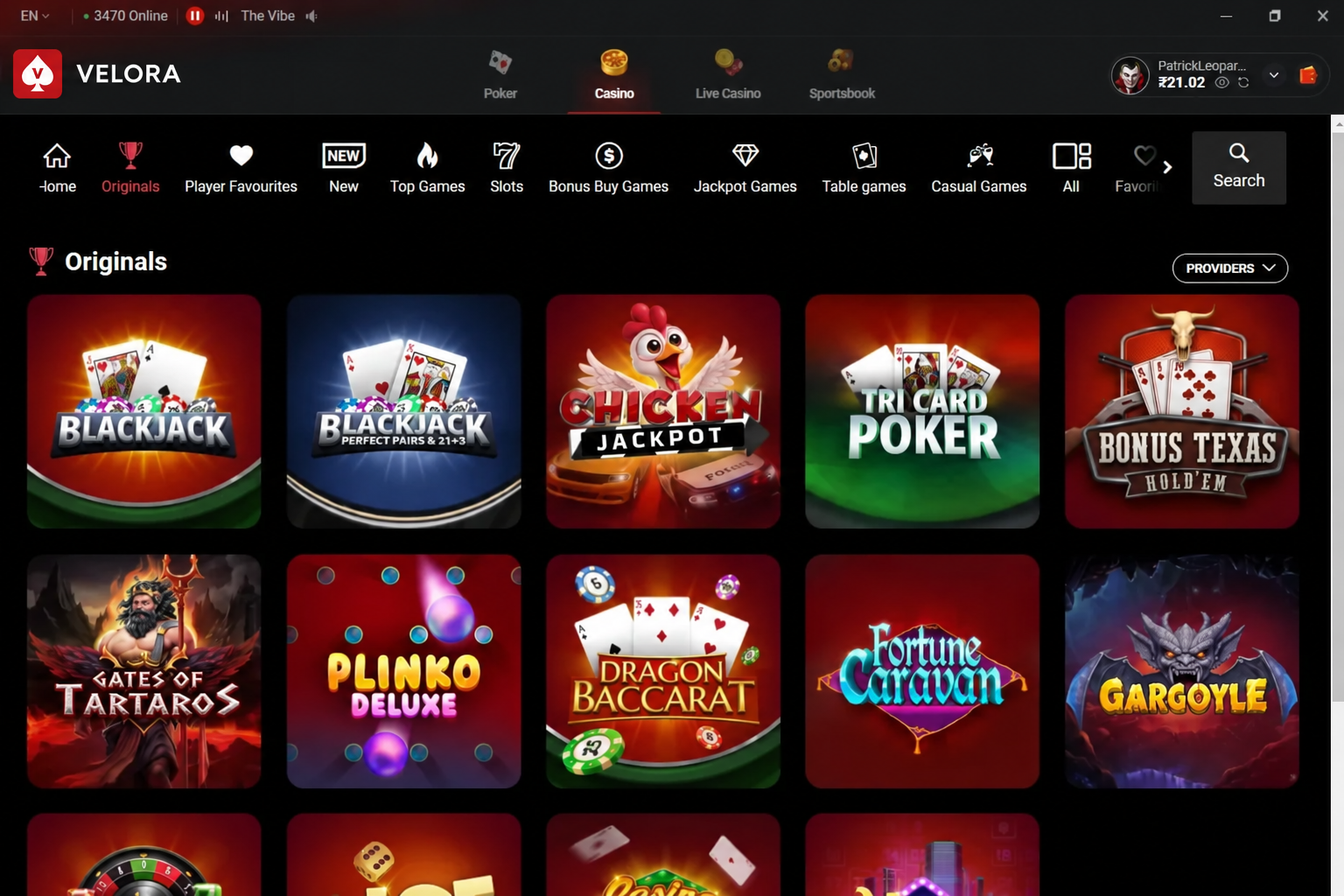 Casino games lobby interface showing a selection of Originals games